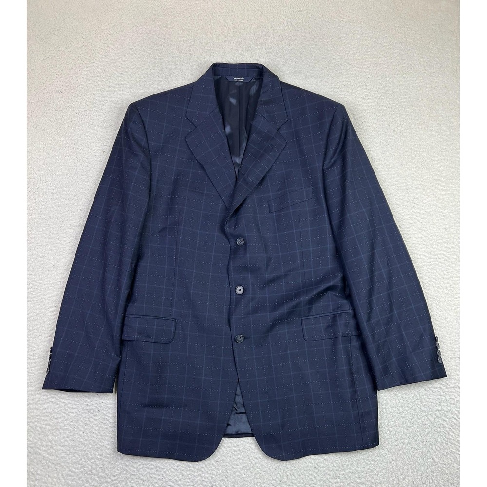 Faconnable Mens 44L‎ Navy Check 100% Wool 3 Button Suit Jacket Louis CT Canada